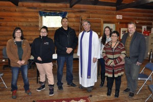 Fr. Marcel Cote with members of the Tobacco Plains mission after celebrating Mass in the Band Hall.