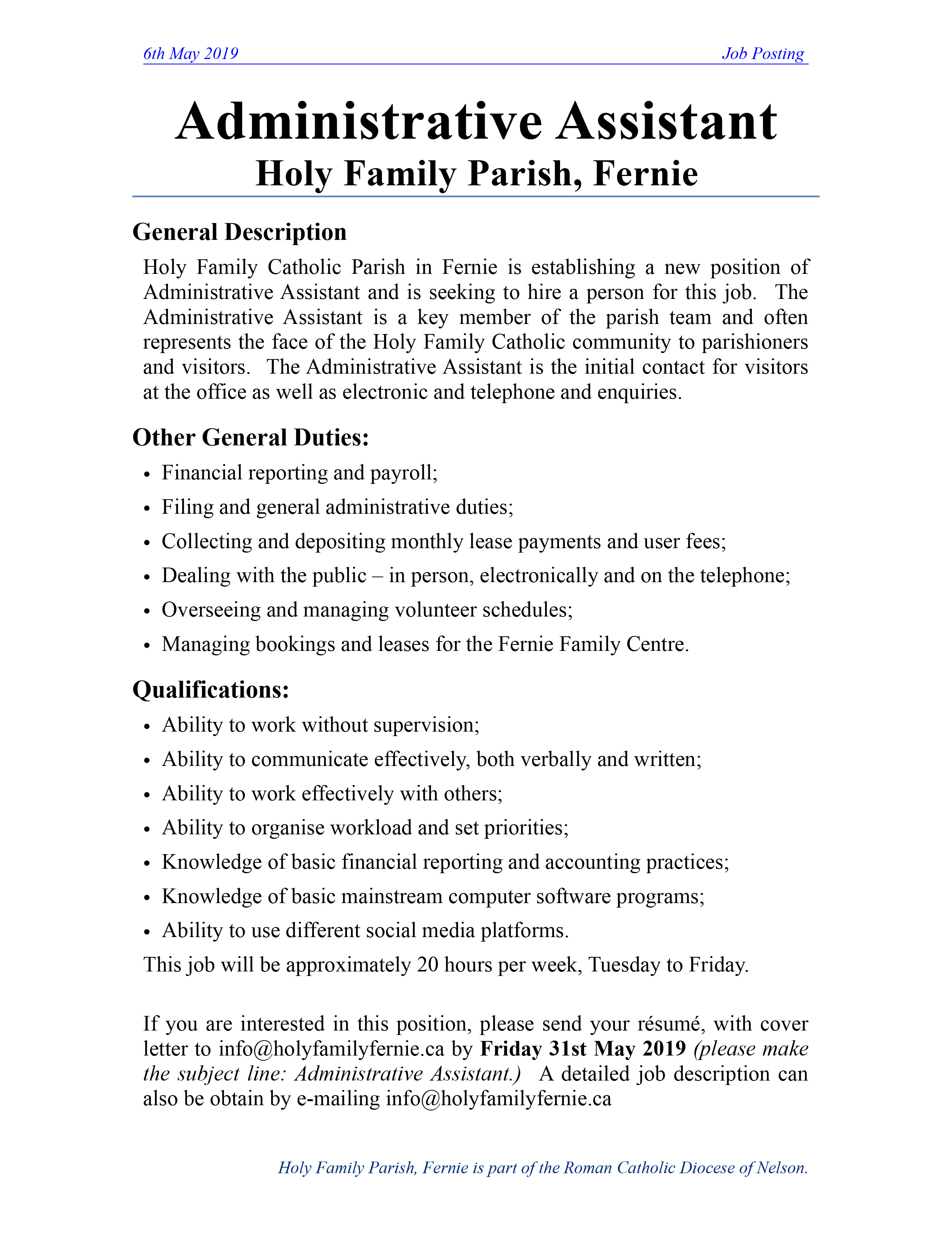 Administrative Assistant – Holy Family Parish Fernie British Columbia